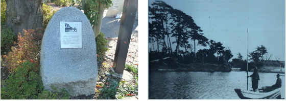 「六郷用水取り入れ口」の石碑と写真～多摩川50景　狛江の五本松／多摩川散歩